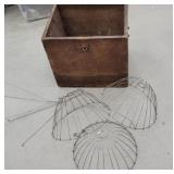 Wooden box, graniteware, & 3 wire plant baskets