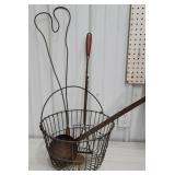 Wire egg basket, rug beater, tin pierced ladle,