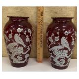 Pair of ruby red vases w/ birds & blossoms