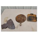 2 cast iron pans & one axe head