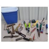 Small lot of garden tools with a cooler