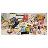 Clear tub office supplies, pencil, pens,