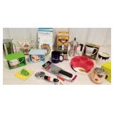 Box new kitchen items, teapot, cups, pizza