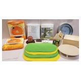 2 round beach towels, wooden tote, metal tray,