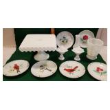 Milk glass plates, vase, cake plate, etc