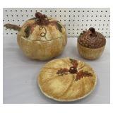 Pumpkin soup tureen, acorn sugar bowl, pumpkin