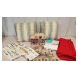 Throw pillows, kitchen towels, 30 plus red