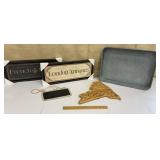 Galvanized tray, European signs, NY cutting board