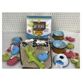 Cat lot of toys, fish bowls and food mat