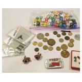 Assorted tokens, stones, pins, game pieces, etc