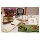 Kitchen towels, tablecloth, moose candle holder,