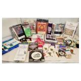Lg tub of sewing items, needle point, samplers,