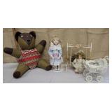 Bear, and dolls with swing and carriage