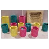 Wooden square tray , colorful tin candle holders