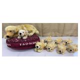 Steiff/F.A.O. Schwarz puppy litter w/ dog bed -
