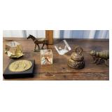 Box - paper weights, & cast iron bug and Bell