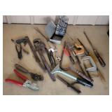 Drill bits pipe wrench, c clamps, etc