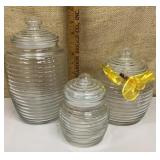 3 beehive ribbed glass jars