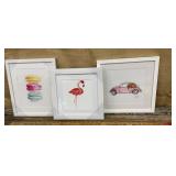 3 piece art - Flamingo, macaroons & car