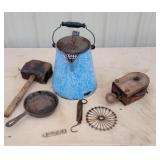 Enamel coffeepot, wooden Pully, cast iron pan etc