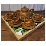 Wooden carved tea set with leafy wooden tray
