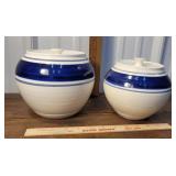 2 blue & white pottery pots - signed - 1 lid