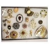 Lot of pins, brooches, powder pack, etc