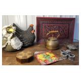Box lot - cloth chickens, copper tea kettle,