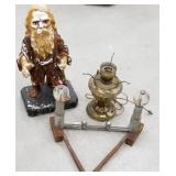 Dwarf statue chalkware, brass lamp, andironn