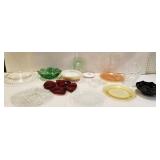 Depression plate, green bowl, clear glass basket,