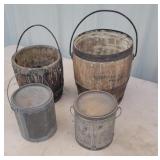 2 wooden bucket  and 2 tin cans