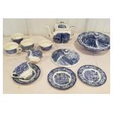 Liberty blue teapot, plates, vegetable dish with