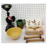 Batter bowl, pitcher, lamp, 2 primitive vintage