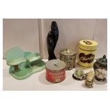 Advertising tins, little green shelf, porcelain