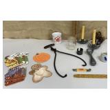 Ice tongs, CVS can opener, candlesticks, ice