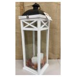 Tall lantern w/ LED candles & fall foliage -