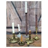 7 candlesticks - early brass push-ups, tin, etc
