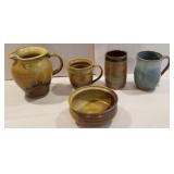 Pottery lot, cups, bowl, pitcher
