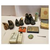 Old shoes, advertising bottle, hair pins, wood