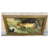 Framed print - woman w/ cows & lamb approx