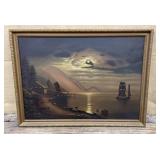 Painting on canvas - moonlit scene over the water