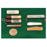 Ithaca advertising, knifes, sewing kit, wooden