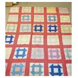 Hand tied quilt, red,blue - worn needs mending