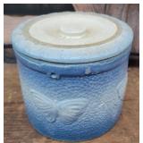 Old Salt glaze butterfly pattern crock W/lid Aprx