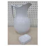 2pcs white ironstone - Meakin soap dish & pitcher