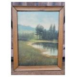 Signed Painting on board - pond W/trees