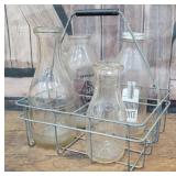 4 milk bottles w/wire tote
