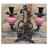 Victorian cast candelabra w/ pink glass