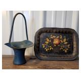 Tin basket & early toleware tray