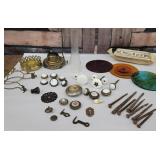 Box very old furniture hardware, and oil lamp